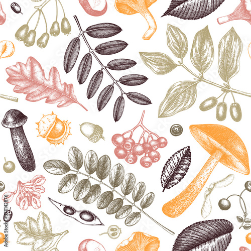 Hand sketched autumn plants seamless pattern. Vector leaves, berries, and mushrooms botanical background. Hand-drawn autumn garden backdrop. Vintage forest plants, mushrooms, fallen leaves sketches.