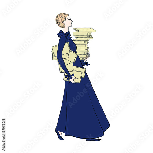 Woman in blue dress holds stack of books. Hand drawn vintage lady. 