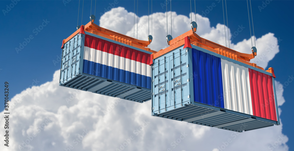 Freight containers with Netherlands and France flag. 3D Rendering 
