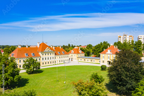 Croatia, panorama of the old town of Vukovar, old classic museum palace and city skyline
 photo