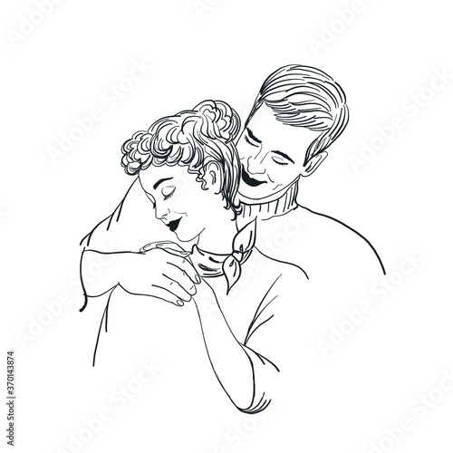 Lady and gentleman. Hand drawn couple in vintage style from the nineteenth century. Retro people. 