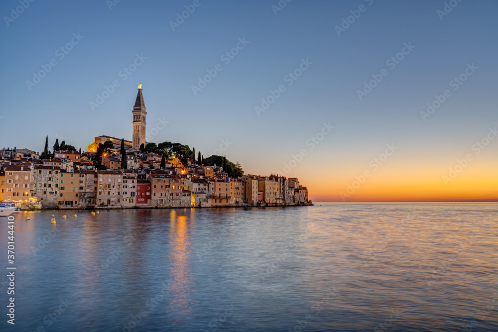 View of the old town of Rovinj in Croatia after sunset