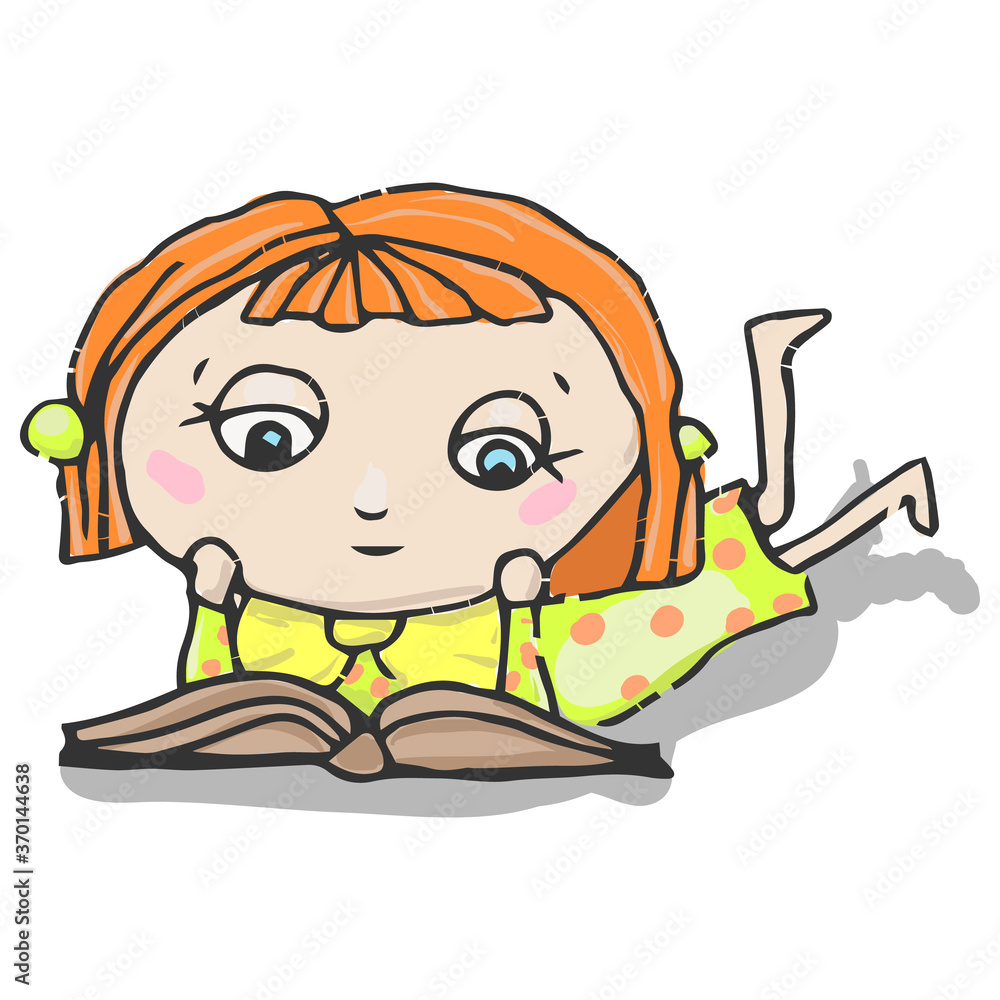 A little girl lying reading a book on a white background. Illustration.