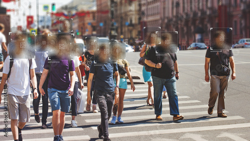 Face recognition and personal identification technologies in street surveillance cameras, law enforcement control.