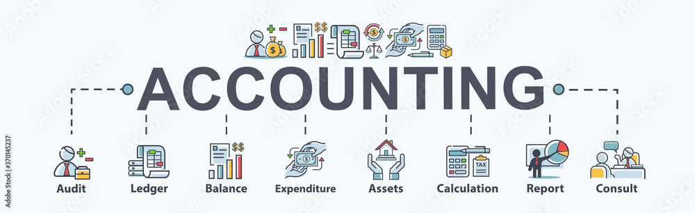 Accounting banner web icon for business company, audit, ledger, income statement, balance sheet, expenditure, calculation and consult. Minimal vector cartoon infographic.