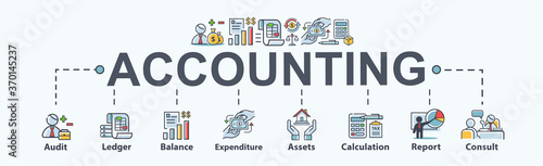 Accounting banner web icon for business company  audit  ledger  income statement  balance sheet  expenditure  calculation and consult. Minimal vector cartoon infographic.
