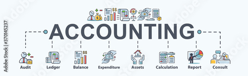 Accounting banner web icon for business company, audit, ledger, income statement, balance sheet, expenditure, calculation and consult. Minimal vector cartoon infographic.