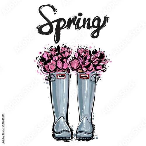 Vector fashion sketch. Hand drawn illustration of blue rubber boots with pink flowers bouquet and Spring lettering. Trendy glamour greeting card design in vogue style. Isolated elements on white