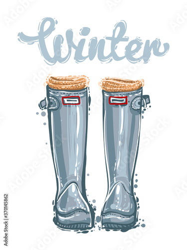 Vector fashion sketch. Hand drawn illustration of fashion blue rubber boots with knitted socks and winter lettering. Glamour fashion season greeting card in vogue style. Isolated element on white