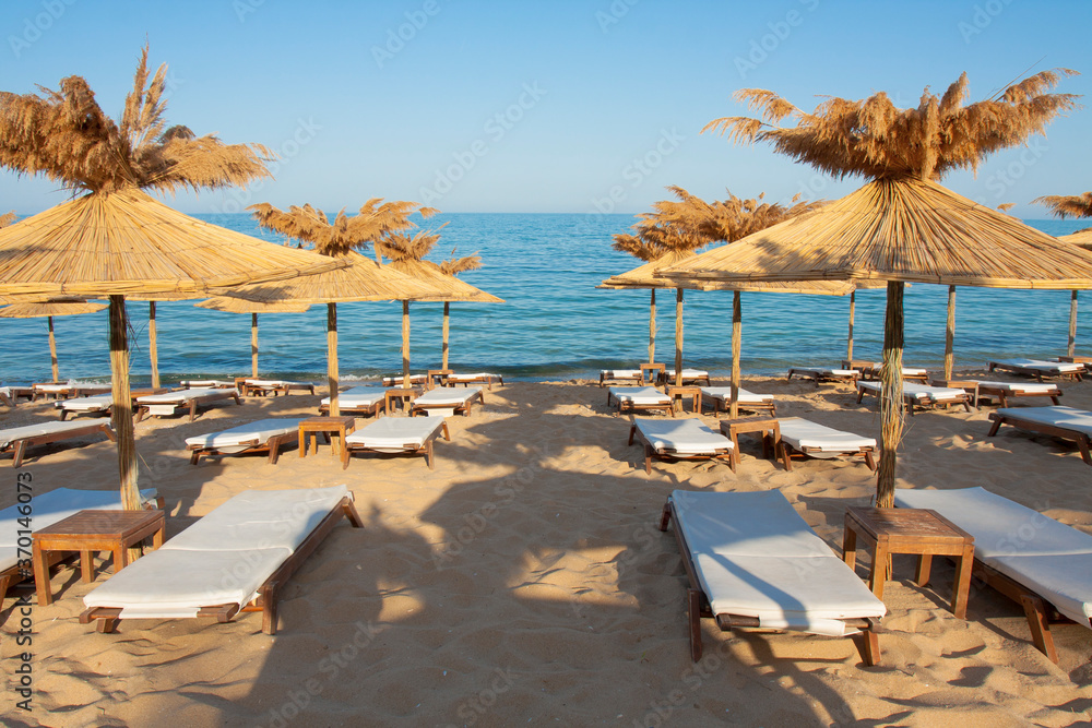 Umbrellas on the beach, St. Constantine and Helena resort, Varna province, Bulgaria