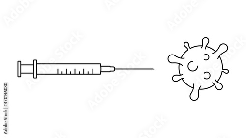 COVID-19 vaccine. Syringe pointed towards a virus. Line icon. Coronavirus vaccination and immunization. Fight global epidemic. Black outline on white background. Vector illustration, flat, clip art.  