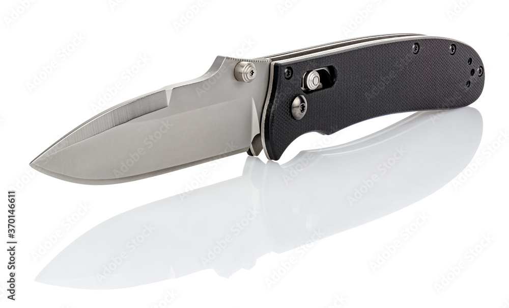 Folding pocket knife with open satin blade and textured black composite plastic cover plates on steel handle isolated on white background with reflection on glossy surface. Pocket knife close-up image Folding pocket knife with open satin blade and textured black composite plastic cover plates on steel handle isolated on white background with reflection on glossy surface. Pocket knife close-up image