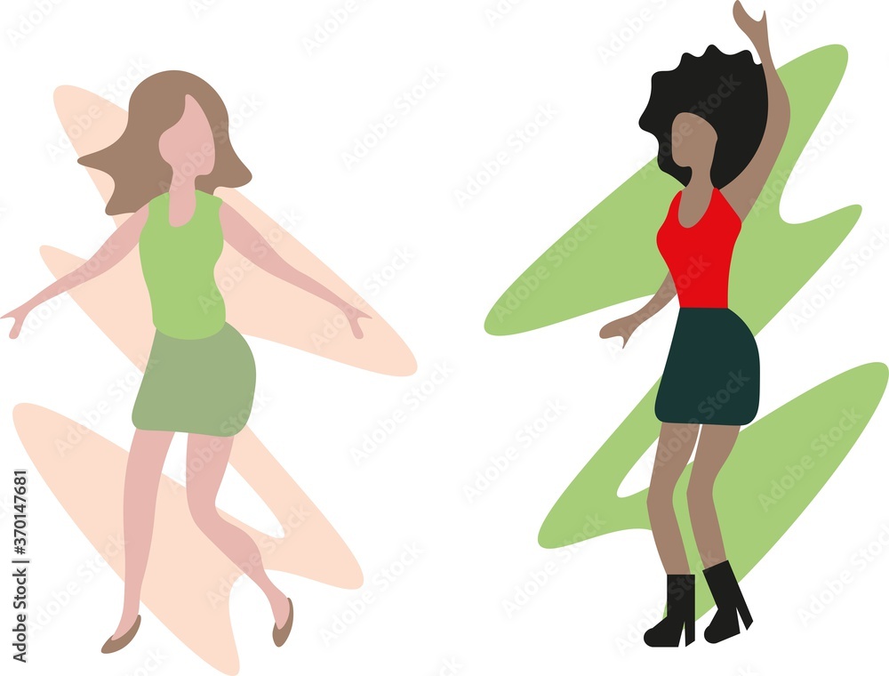 The color hand drawn simple modern flat illustration of two dancing woman 