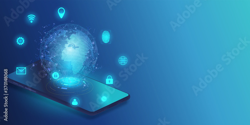 Digital security and communication on mobile,  Smartphone controls devices of smart home via wireless connection and communication commands. Internet of things concept. vector illustration.