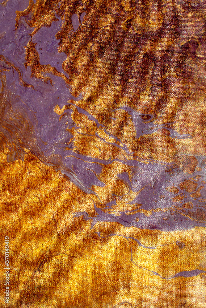 Detail image of an abstract painting with flames and smoke in the colors gold and violet.  