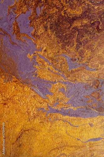 Detail image of an abstract painting with flames and smoke in the colors gold and violet. 
