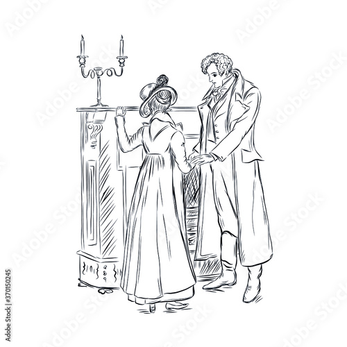 Lady and gentleman. Hand drawn couple in vintage style from the nineteenth century. Retro people. 