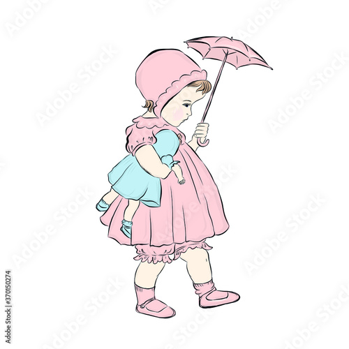 Little girl holding an umbrella and doll. Baby dressed in a pink dress. Hand drawn retro clip art. 