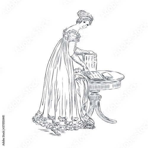 Victorian woman leafing through magazines. Hand drawn vintage retro woman in dress. Black and white linear art. 
