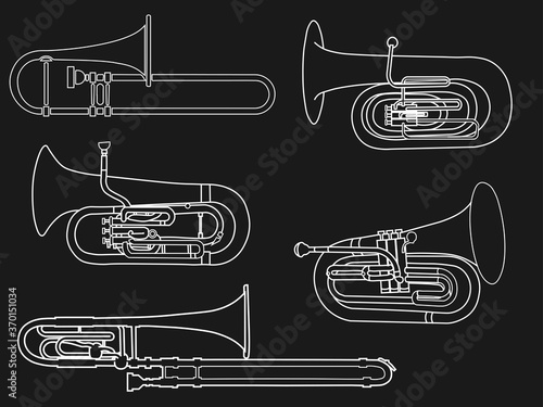 Simple white line drawing of outline Tuba, Trombone, Euphonium, Baritone, Bass Trombone musical instrument on a black background. For student education, illustration for dictionary musical schools photo