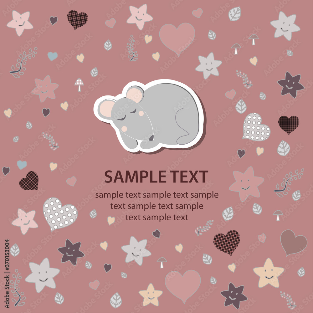 Card with little mouse, pink, vector illustration