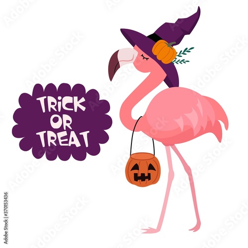 Happy Halloween. Cartoon flamingo with a hat. Funny vector illustration. Can be used as an element for cards, banners, posters.