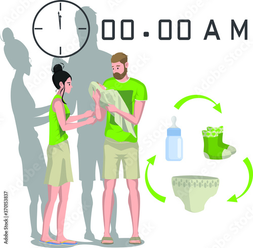 Parents are taking care their baby together until late night illustration