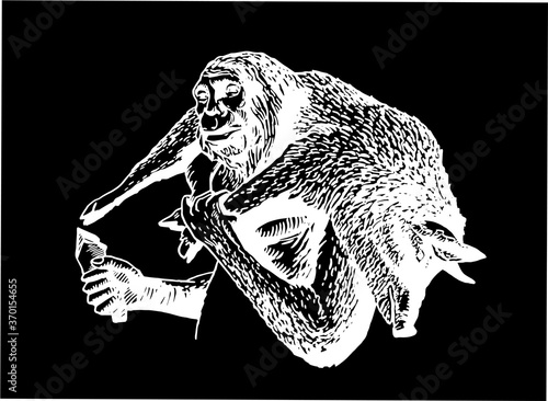 Graphical neanderthal with hunted wild hog isolated on black background,vector illustrationtn