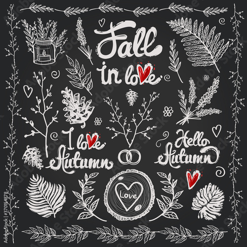 Hand Drawn graphic vintage placeholder. Set of isolated floral rustic forest wedding decorative symbols and elements. Chess grid order pattern.