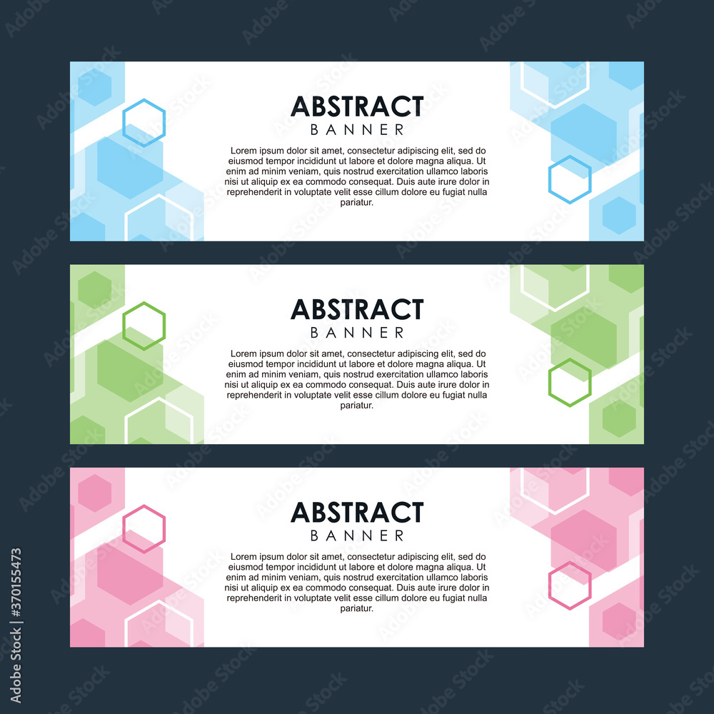 Fototapeta premium Set of Abstract Hexagonal Medical Banner Design Template Vector, Professional Modern Graphic Banner Element with Blue, Green and Pink Geometric Background