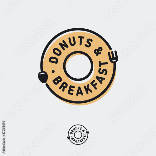 Donuts and Breakfast logo. Cafe bistro logo like donut icon with fork and spoon run around circle. Breakfast cafe emblem. 