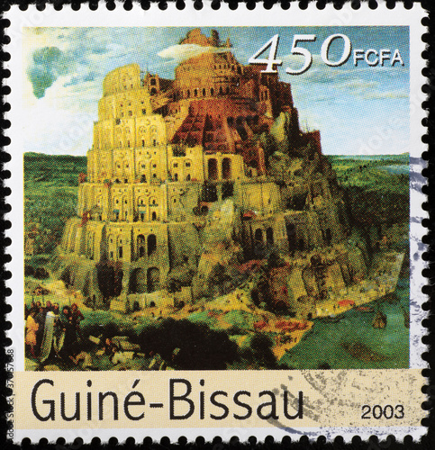 Foto The Tower of Babel by Brueghel the elder on stamp
