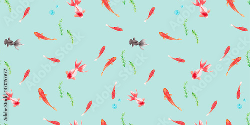 涼しげな金魚と水草のシームレスパターン。水彩イラスト。