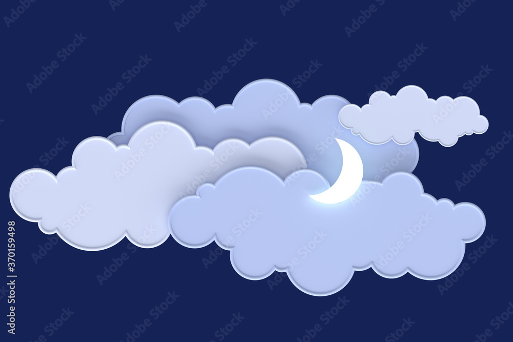 Graphic volumetric image of clouds and a luminous moon on a blue background. picture for the design of children's themes. Graphic volumetric image of clouds and a luminous moon on a blue background. picture for the design of children's themes.