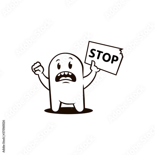 flat art black and white illustration of an outraged cartoon character with a protest poster with the word stop in his hand