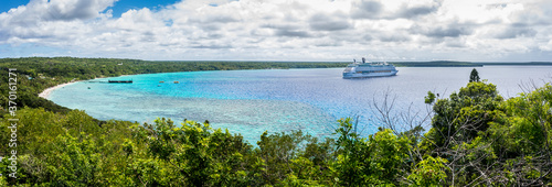 LIfou, New Caledonia, view of Jinek Bay and anchored Voyager of the Seas from Notre Dame de Lourde church, 