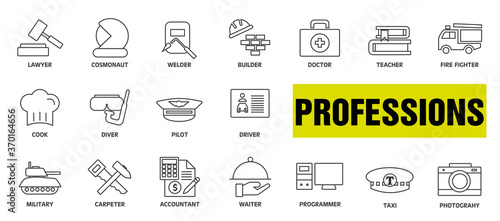 Professions linear icons set. Occupations. Workers.