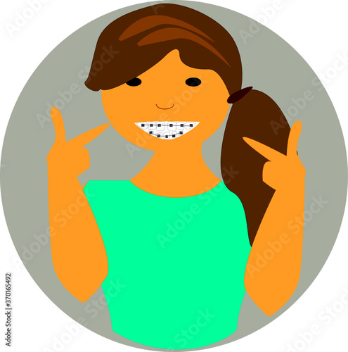 Cute young girl with braces on her teeth, girl smiling and proudly showing her smile with dental braces, vector on isolsted background.. 