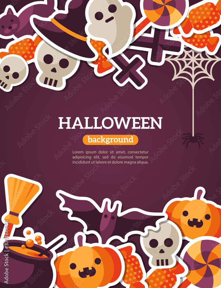 Halloween Concept Banner With Flat Icon Set on Dark Violet Backdrop. Vector Flat Illustration. Halloween Signs and Symbols. Trick or Treat.