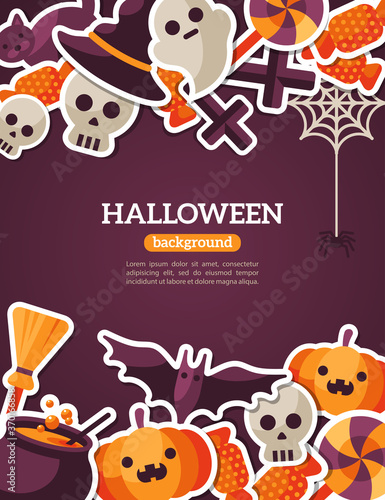 Halloween Concept Banner With Flat Icon Set on Dark Violet Backdrop. Vector Flat Illustration. Halloween Signs and Symbols. Trick or Treat.