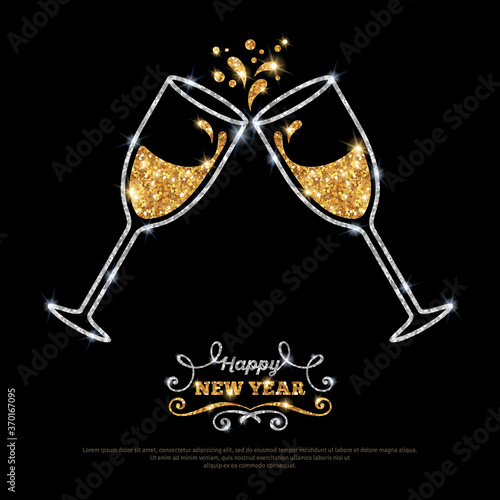Sparkling gold silver champagne glasses. Vector illustration. Happy New Year Lettering concept. Place for your text message.