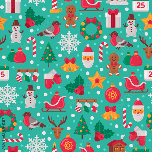 Seamless Pattern with Christmas Flat Icons. Vector Illustration. Christmas Tree and Snowflakes, Santa Claus, Candy Cane, Gifts for Winter Holidays Design. Wrapping Paper Texture.