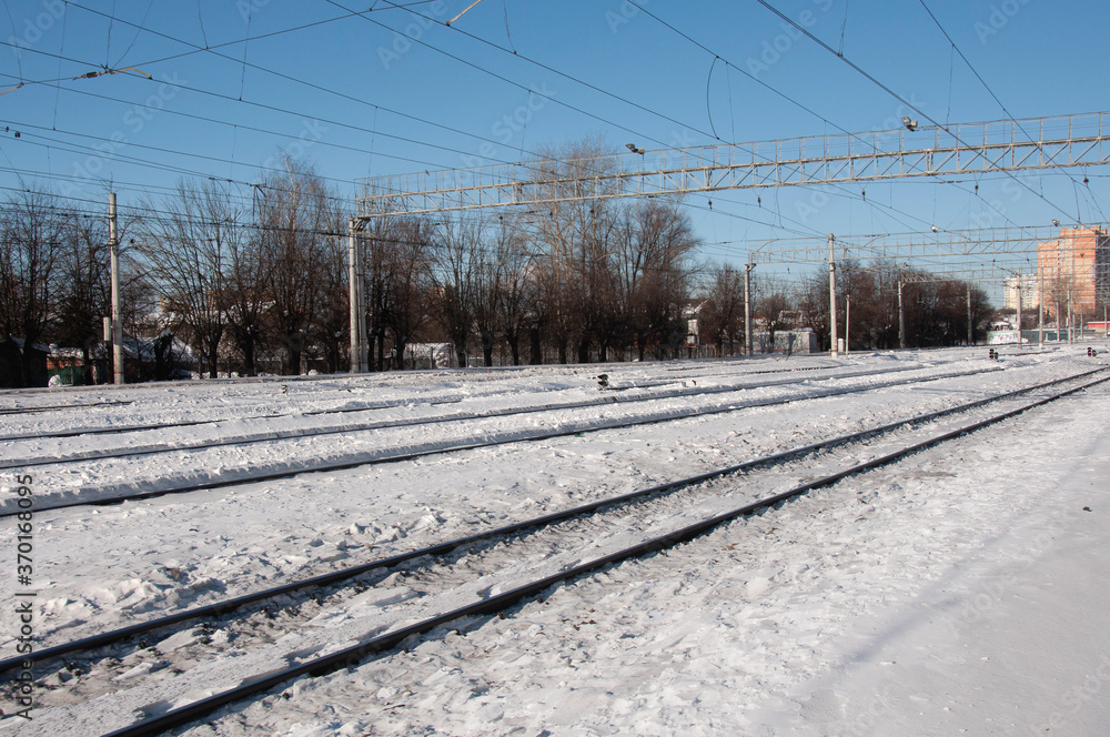 Ramenskoe. Moscow region. Russia. March 08.2018. Railway tracks of the Moscow-Ryazan railway on a Sunny day.