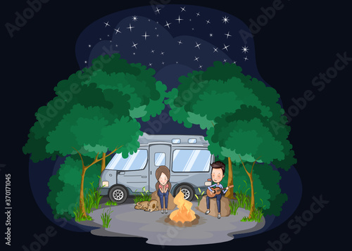 couple with motorhome camping in the jungle