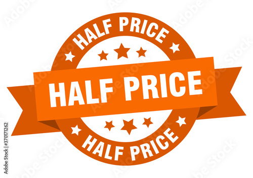 half price round ribbon isolated label. half price sign