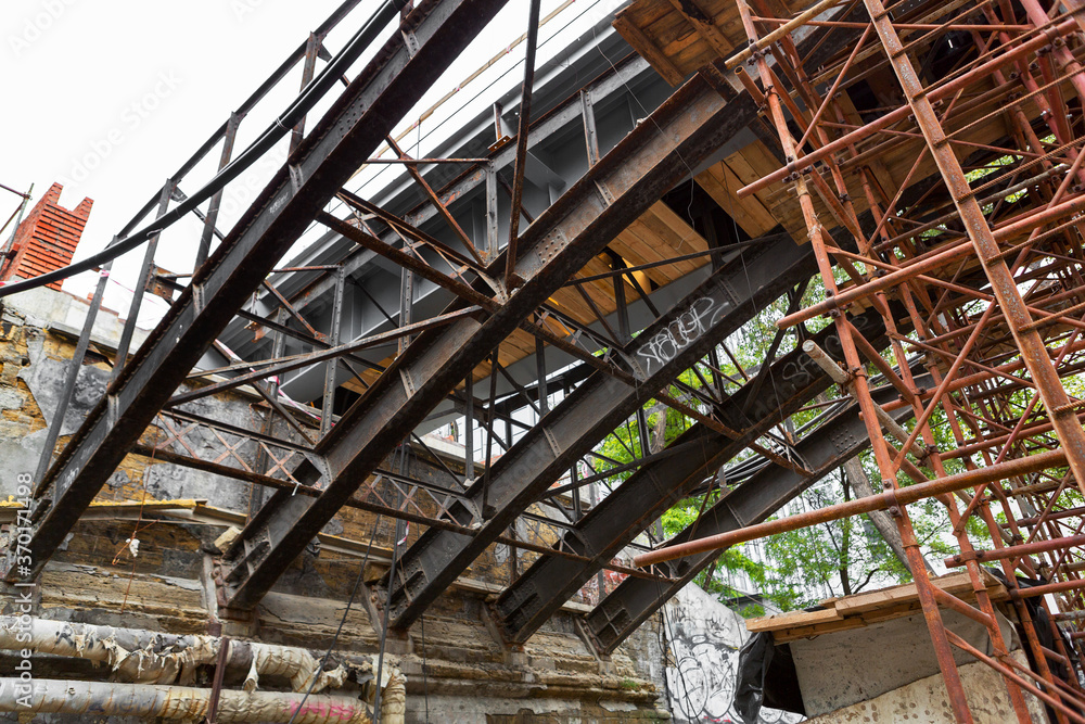 Supporting scaffold construction. Renovation of old bridge