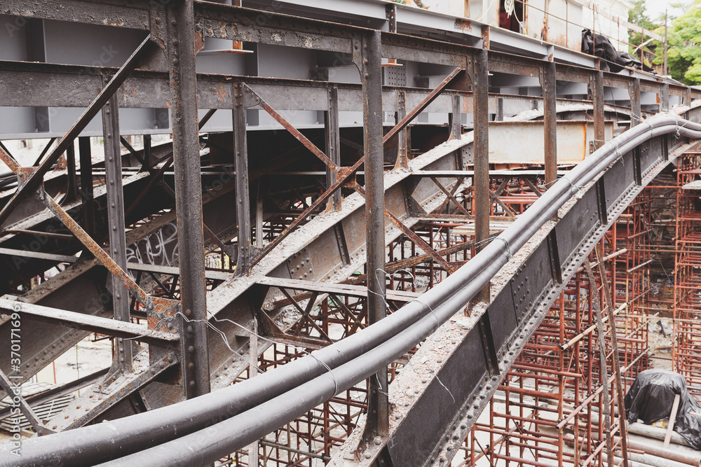 Supporting scaffold construction. Renovation of old bridge