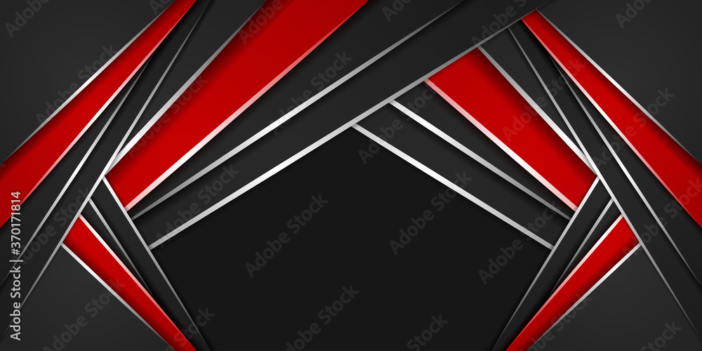 Modern 3d geometry shapes black frame layout lines with shiny color red borders on dark vector template background