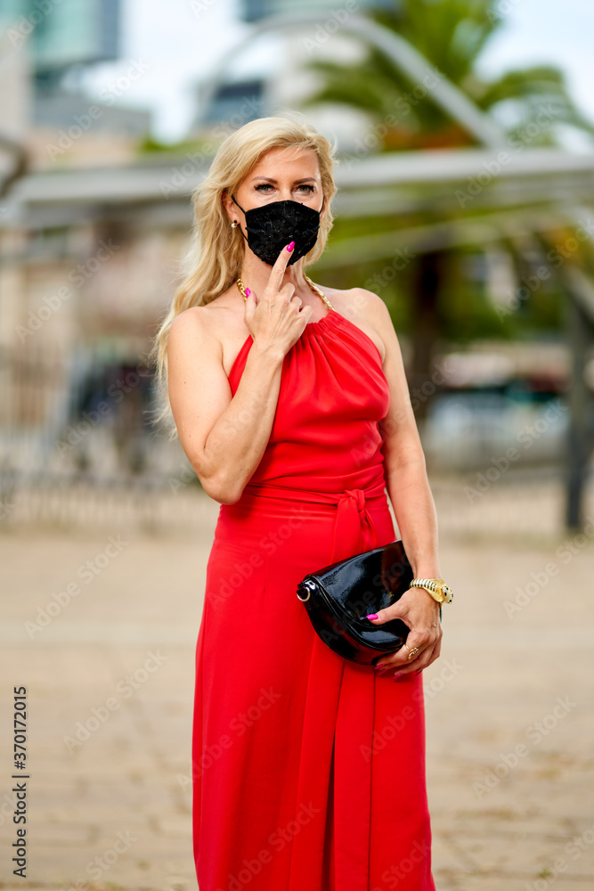 Woman wearing trendy fashion outfit during quarantine of coronavirus