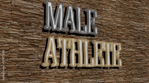 3D representation of male athlete with icon on the wall and text arranged by metallic cubic letters on a mirror floor for concept meaning and slideshow presentation. illustration and background